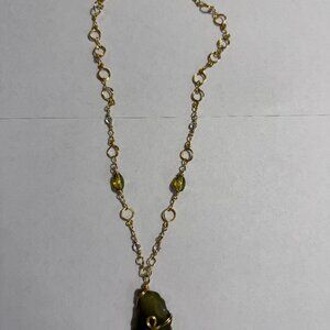 Necklace - Green Beach Glass Pendant; Glass beads and Handcrafted gold chain